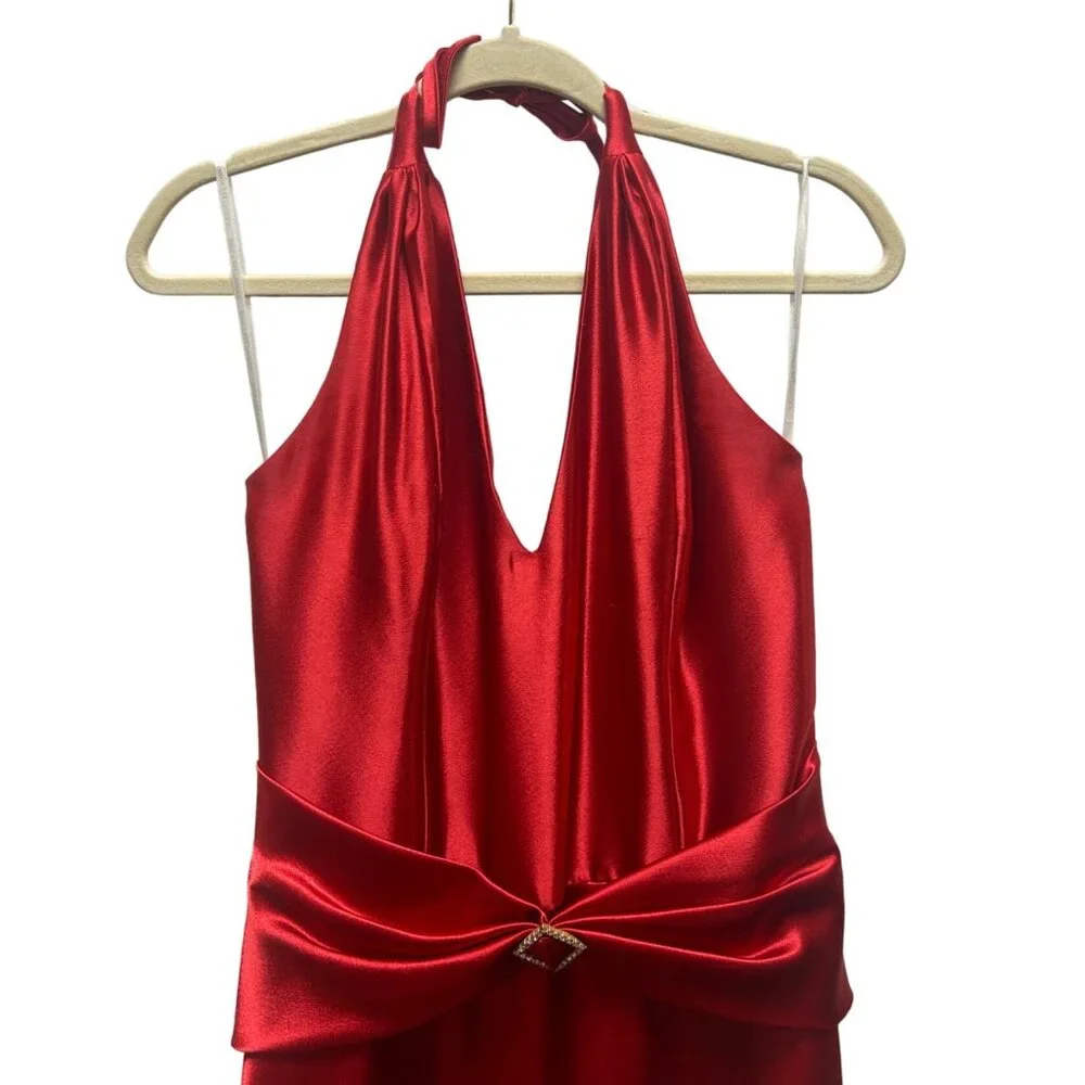 Jessica McClintock Gunne Sax Vintage 90's Red Satin Halter Evening Gown with Rhi - Picture 5 of 9